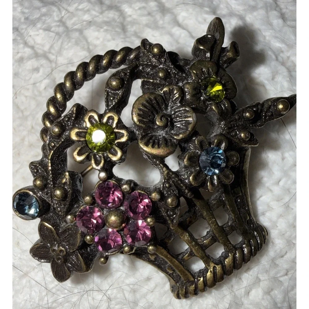 Vintage Brooch Floral Basket Multi Rhinestone GoldTone Floral Pin 1.25